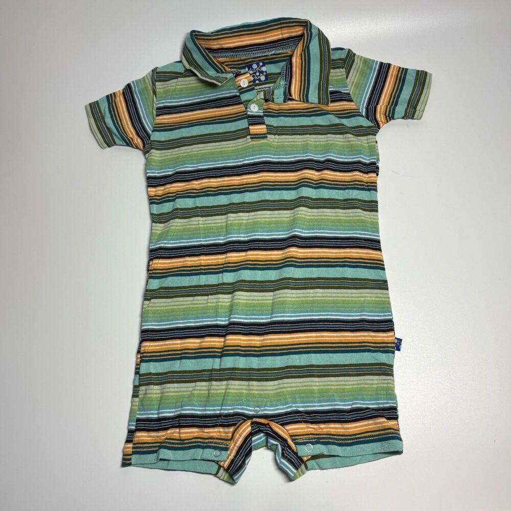 Kickee Pants Polo Striped One Piece Romper Shorts 18-24 Months Bamboo